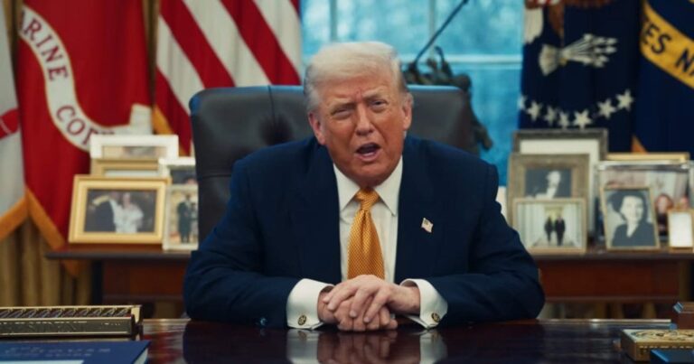 President speaking with a backdrop of American flag and law enforcement imagery