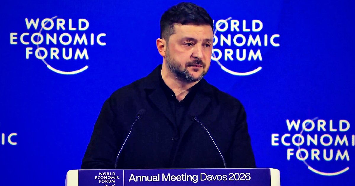 Zelensky speaking at Davos, with European leaders listening
