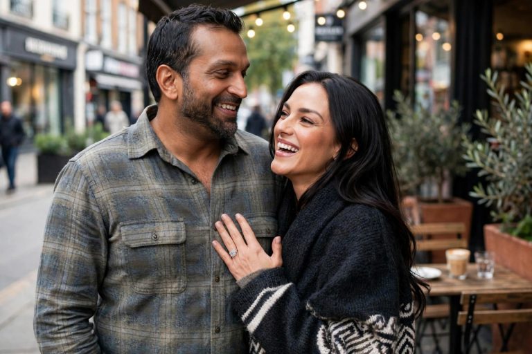 Kash Patel and Alexis Wilkins in a black-and-white engagement announcement photo