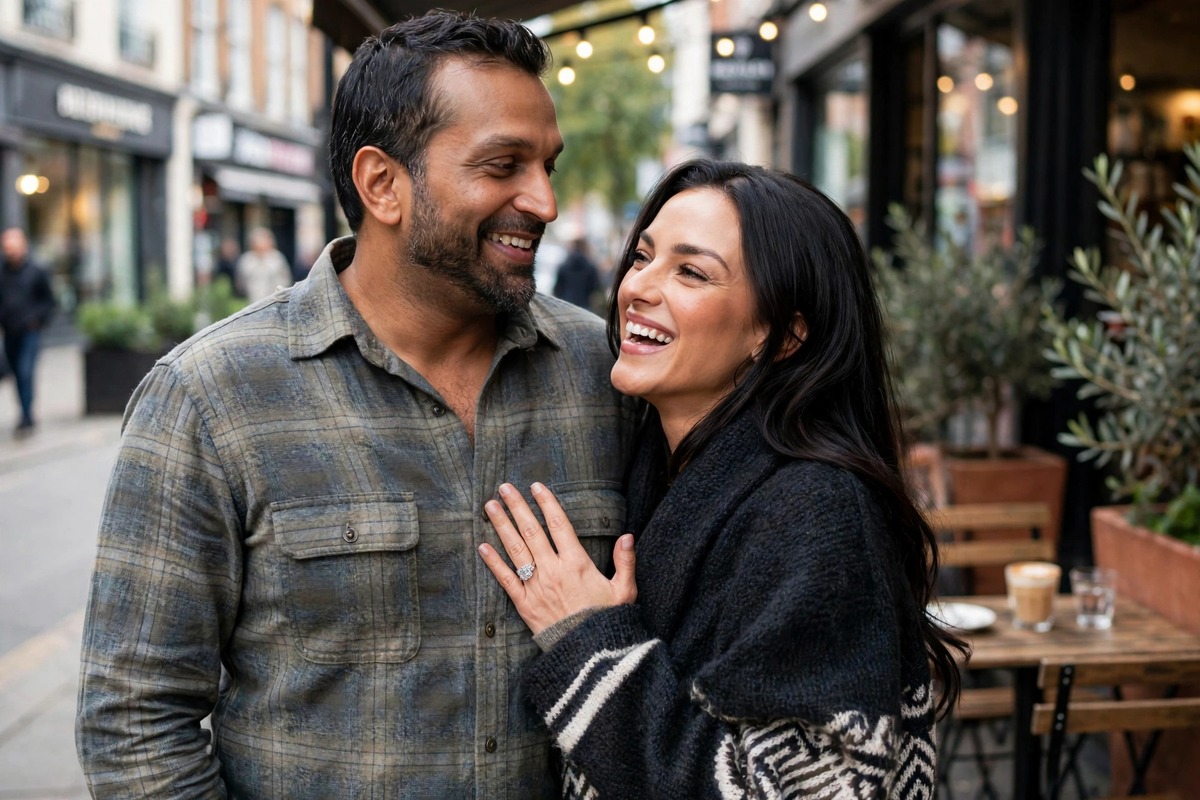 Kash Patel and Alexis Wilkins in a black-and-white engagement announcement photo