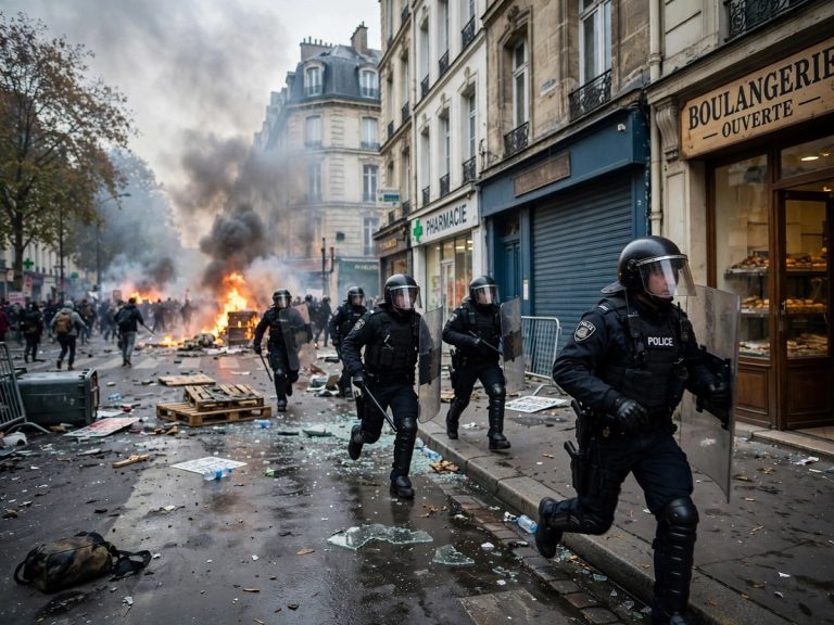 Riot police confront protesters during unrest in France
