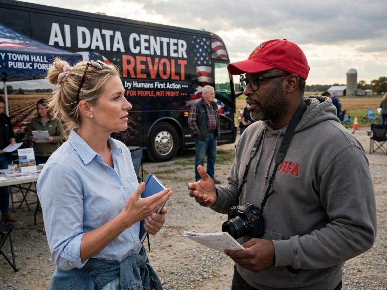 Amy Kremer speaks with a reporter during the Data Center Revolt Tour