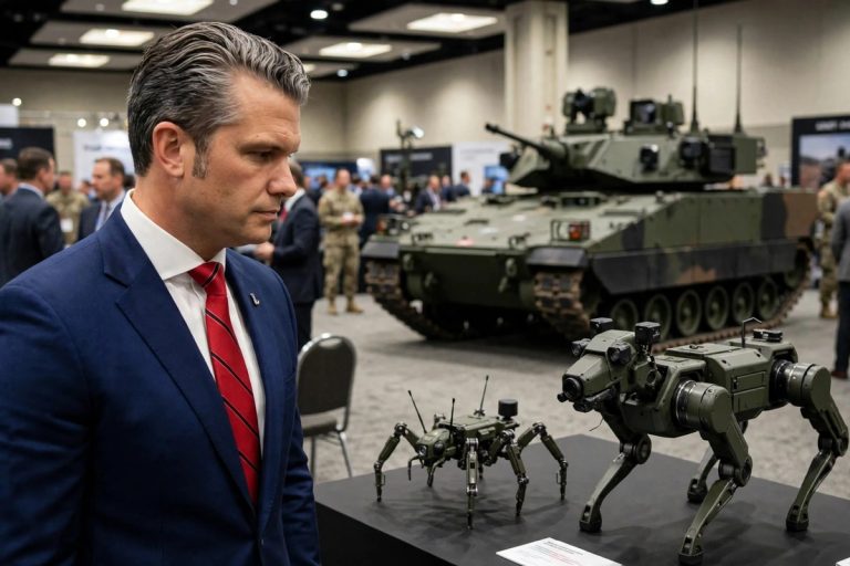 Unmanned ground vehicles, including an autonomous armored platform, displayed at an Army convention